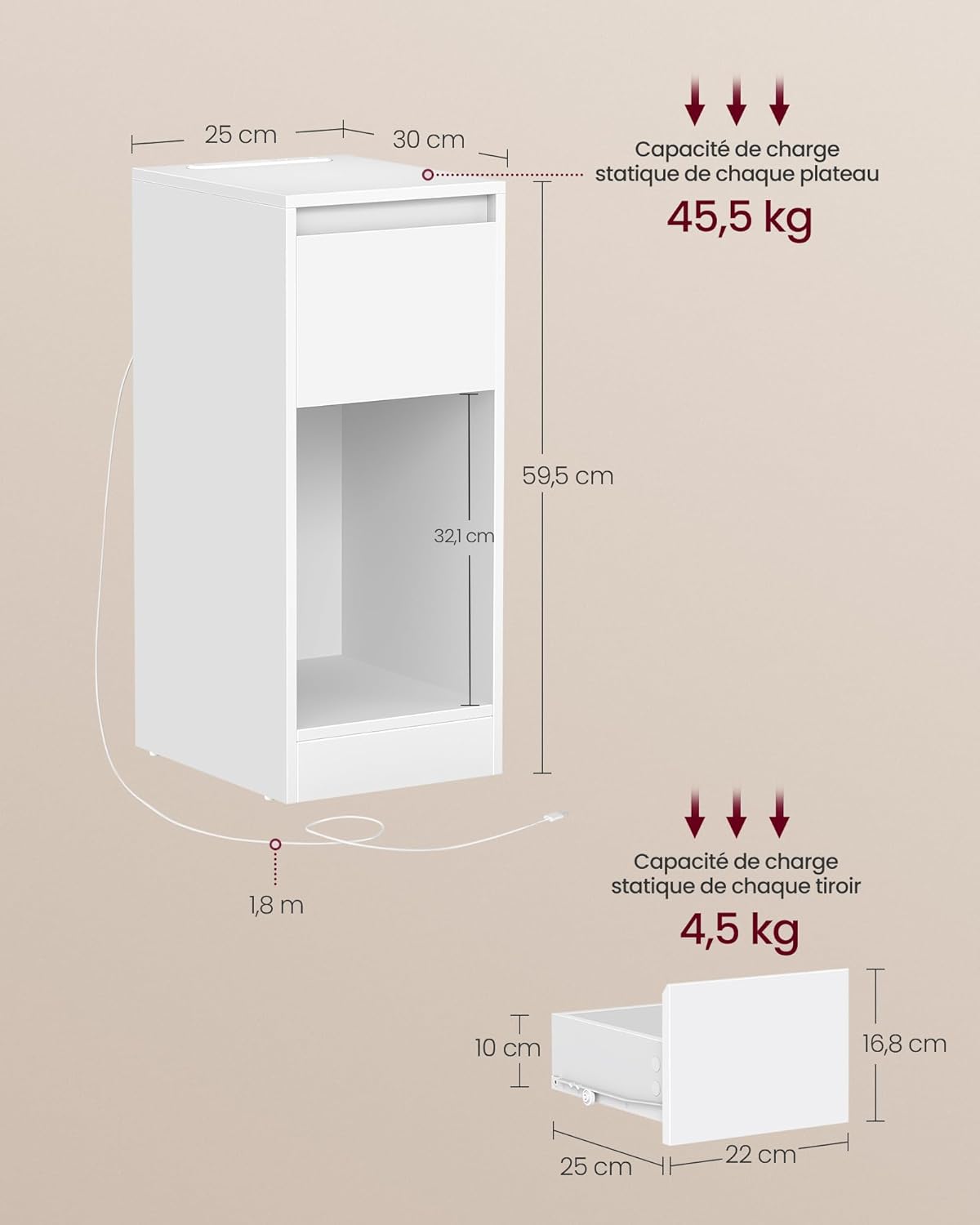 VASAGLE - Table de chevet étroite, LED, USB-A/C, tiroir, blanc, LET610W01