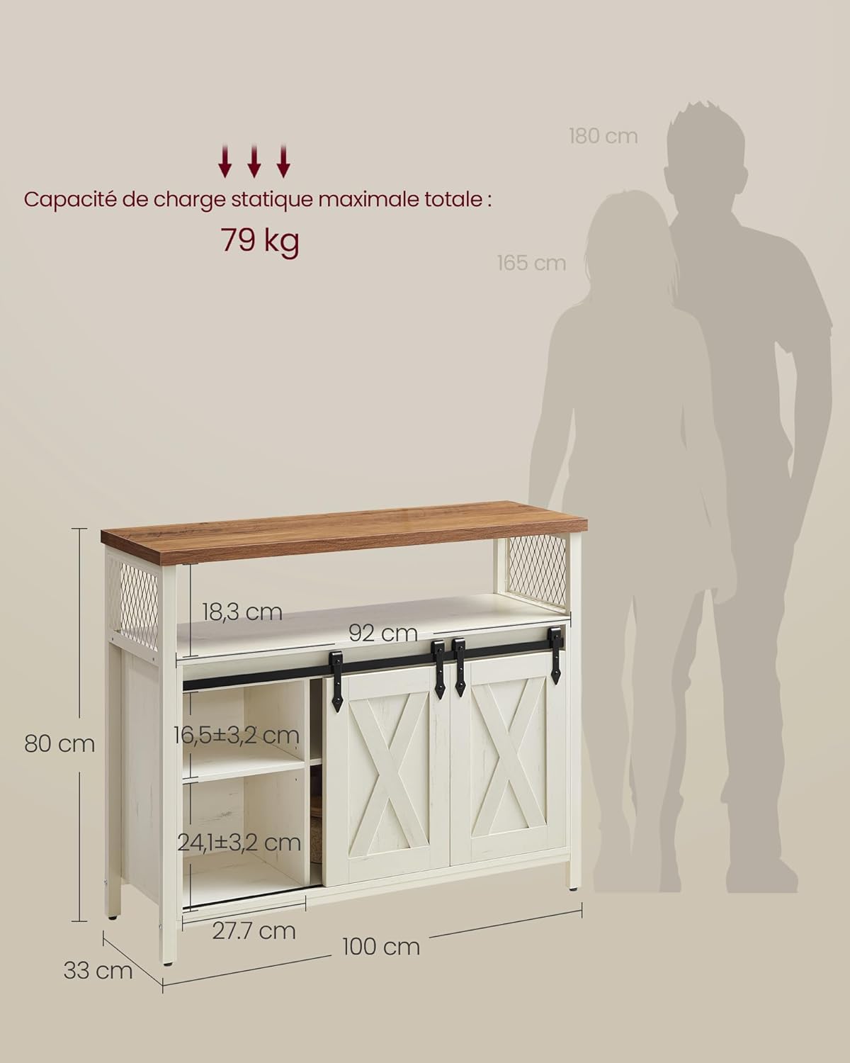 VASAGLE - Buffet cuisine rustique, 100x33x80cm, 2 portes coulissantes, LSC092W01