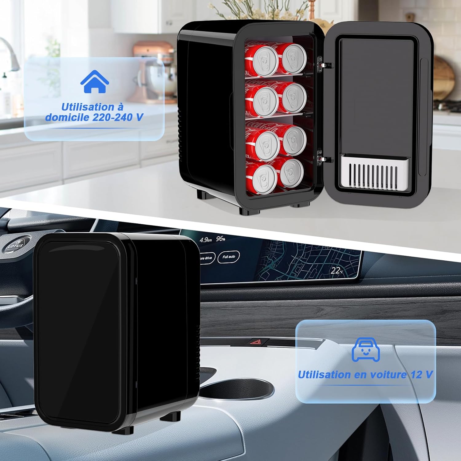 YASHE - mini réfrigérateur 6L/8 canettes, portable, AC/DC, noir