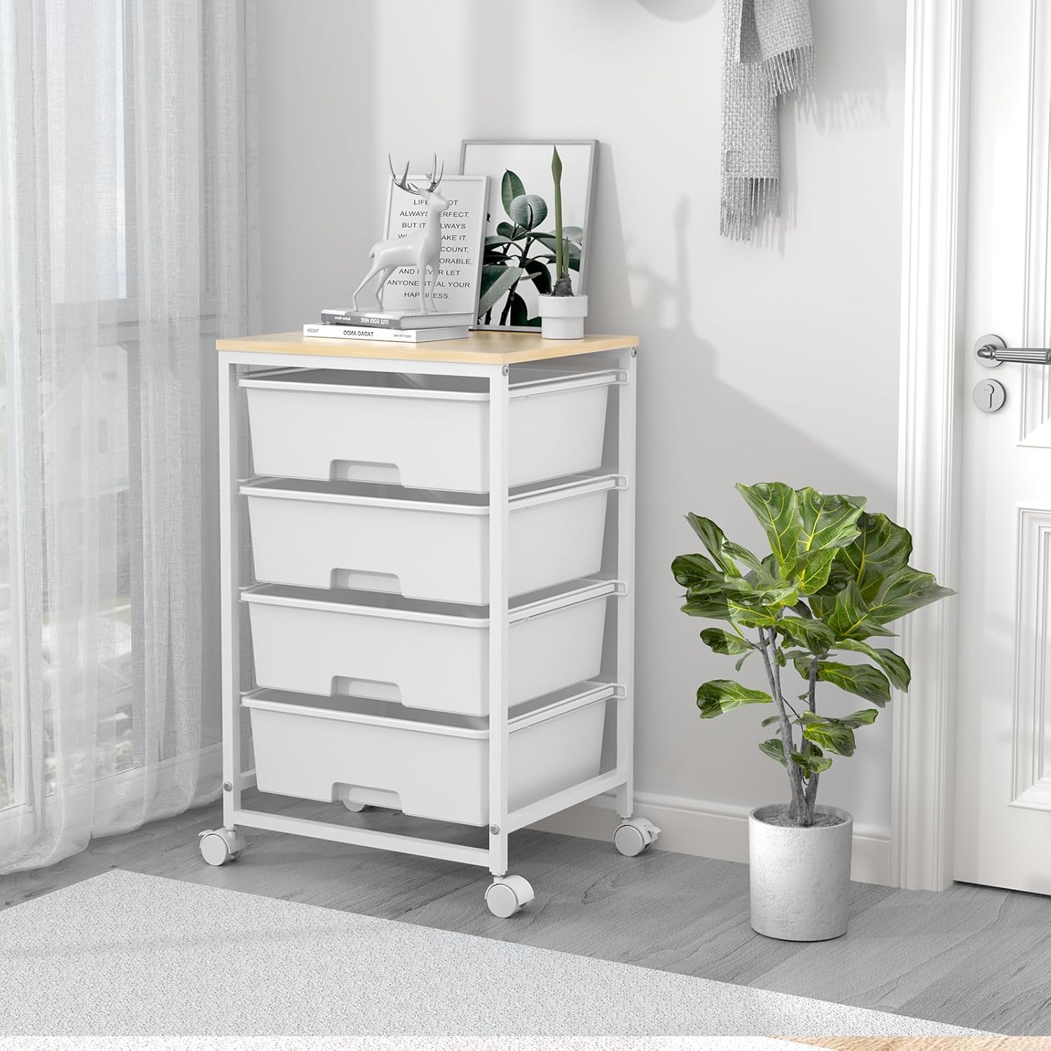 Chariot de rangement - 4 tiroirs, roulettes, plateau bois, blanc, grande capacité, cuisine/salon, 60x40x80 cm