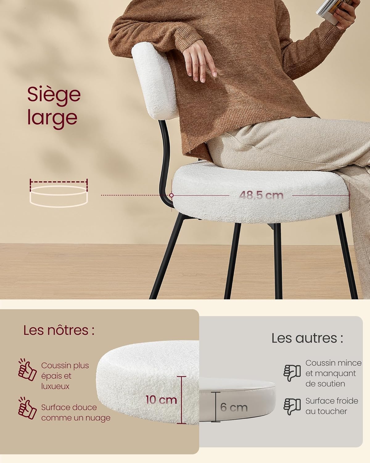 VASAGLE - Lot de 4 chaises modernes - acier, tissu peluche, dossier courbé, salle à manger, blanc crème - KDC110W14