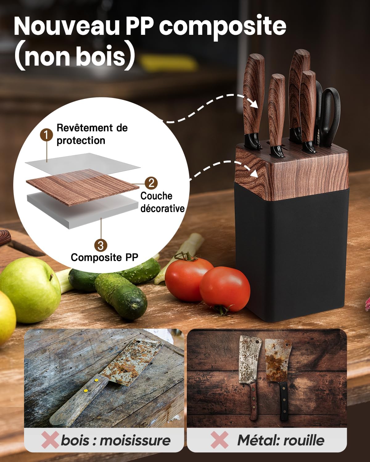 Set couteaux cuisine - 7 pièces, inox, manches ergonomiques, avec bloc