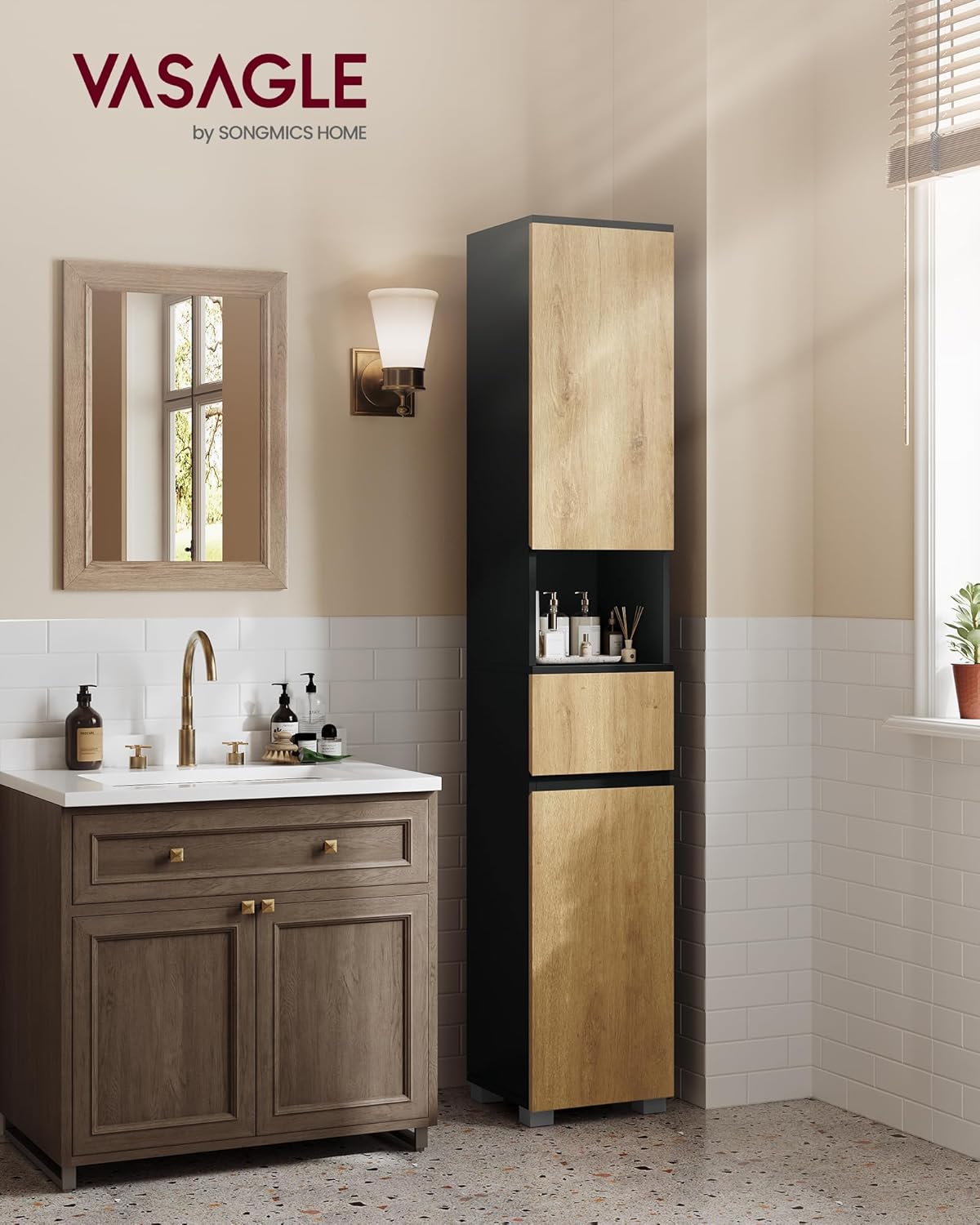 VASAGLE - armoire colonne salle de bain 30x30x170 cm tiroir étagères BBK560BC01