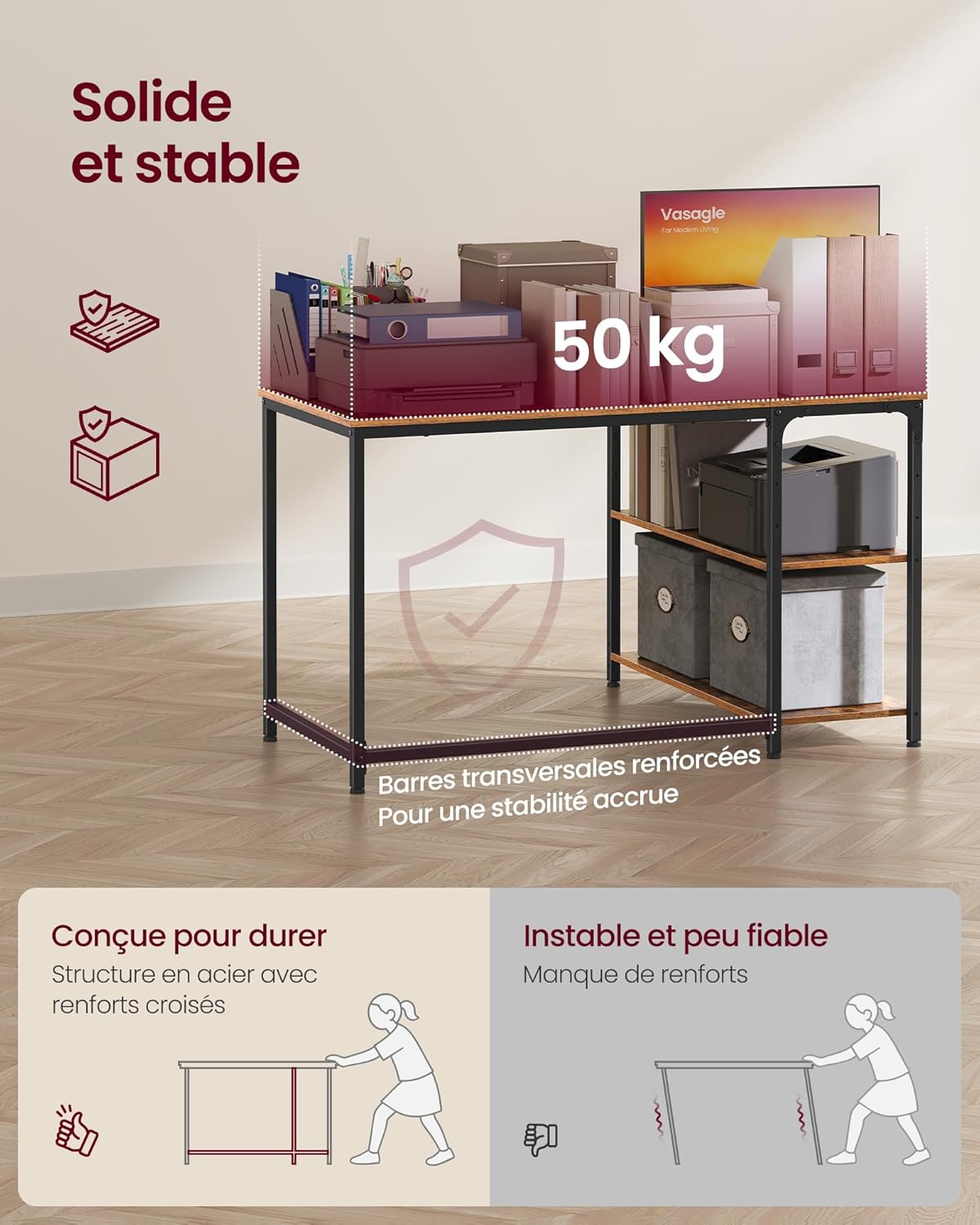 VASAGLE - Bureau en L - 110x80 cm - étagères ajustables, rangement, LWD135KD01