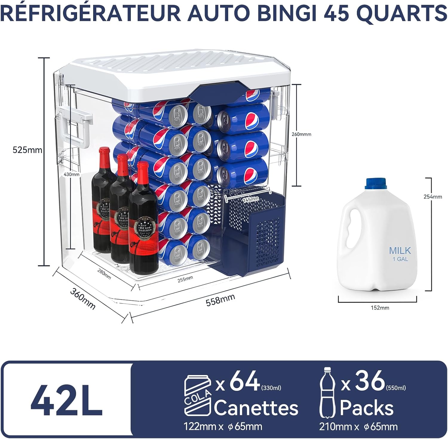 BINGI - glacière à compression 42L - refroidit jusqu’à -18°C, 12/24/220V