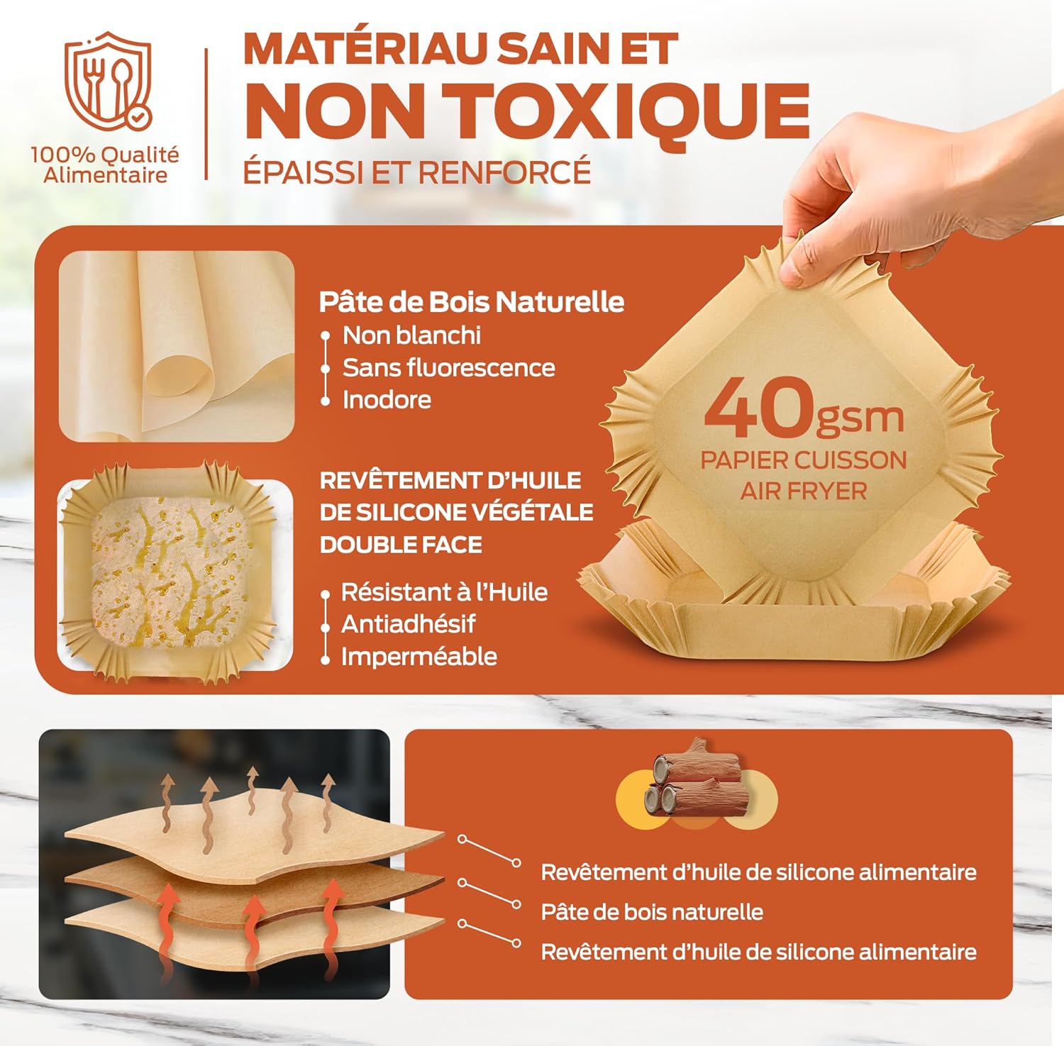 PORTENTUM - papier cuisson air fryer - 20x24cm - 100 pièces sans BPA