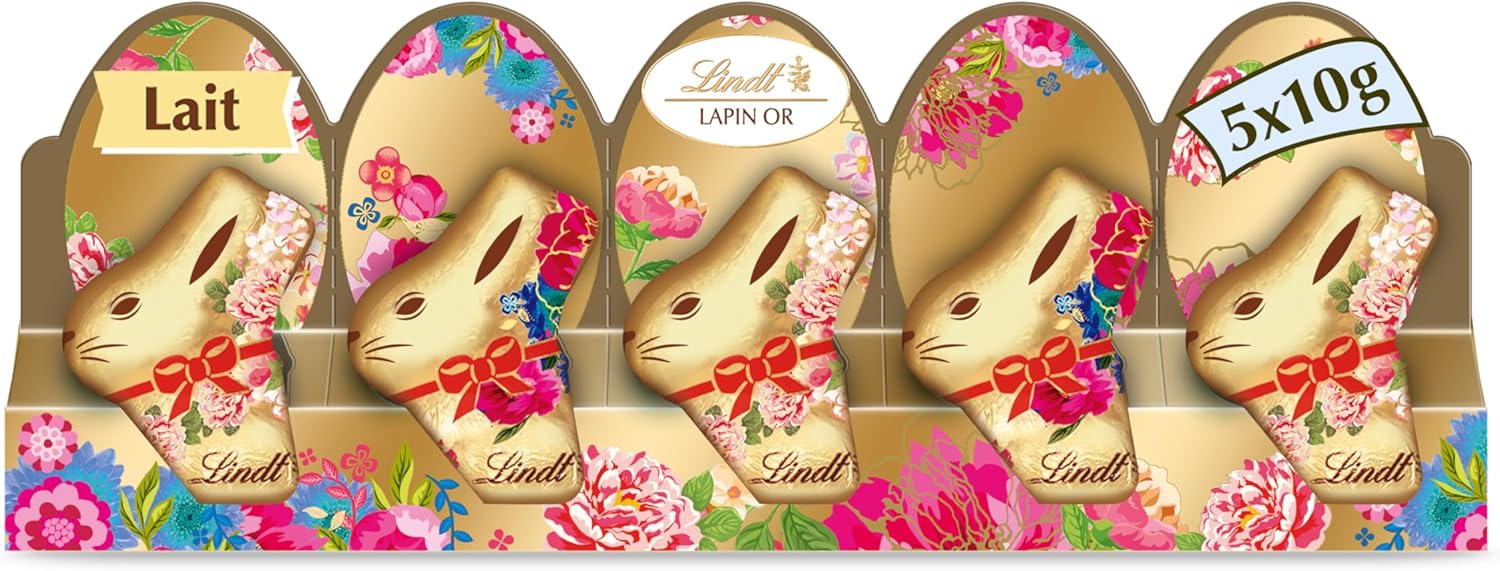 Lindt - Mini-moulages Lapin Or Fleurs - 5x10g - Chocolat au lait, idéal Pâques