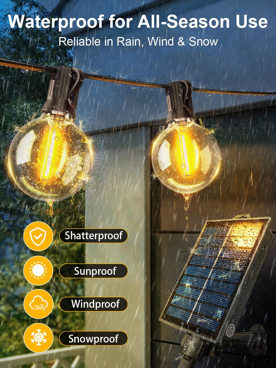 Guirlande Solaire Extérieure - 15m - 21 ampoules G40, 8 modes, IP44