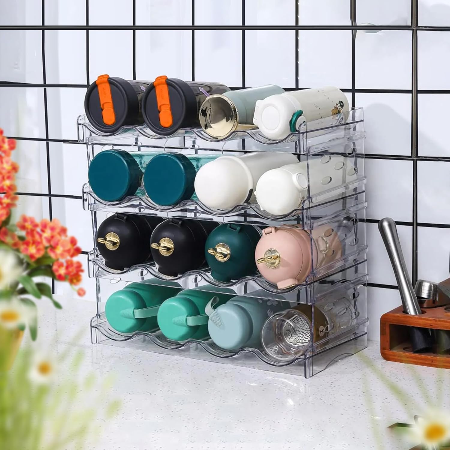 Range-bouteilles empilable - 4 pièces - plastique - 16 bouteilles, rangement frigo