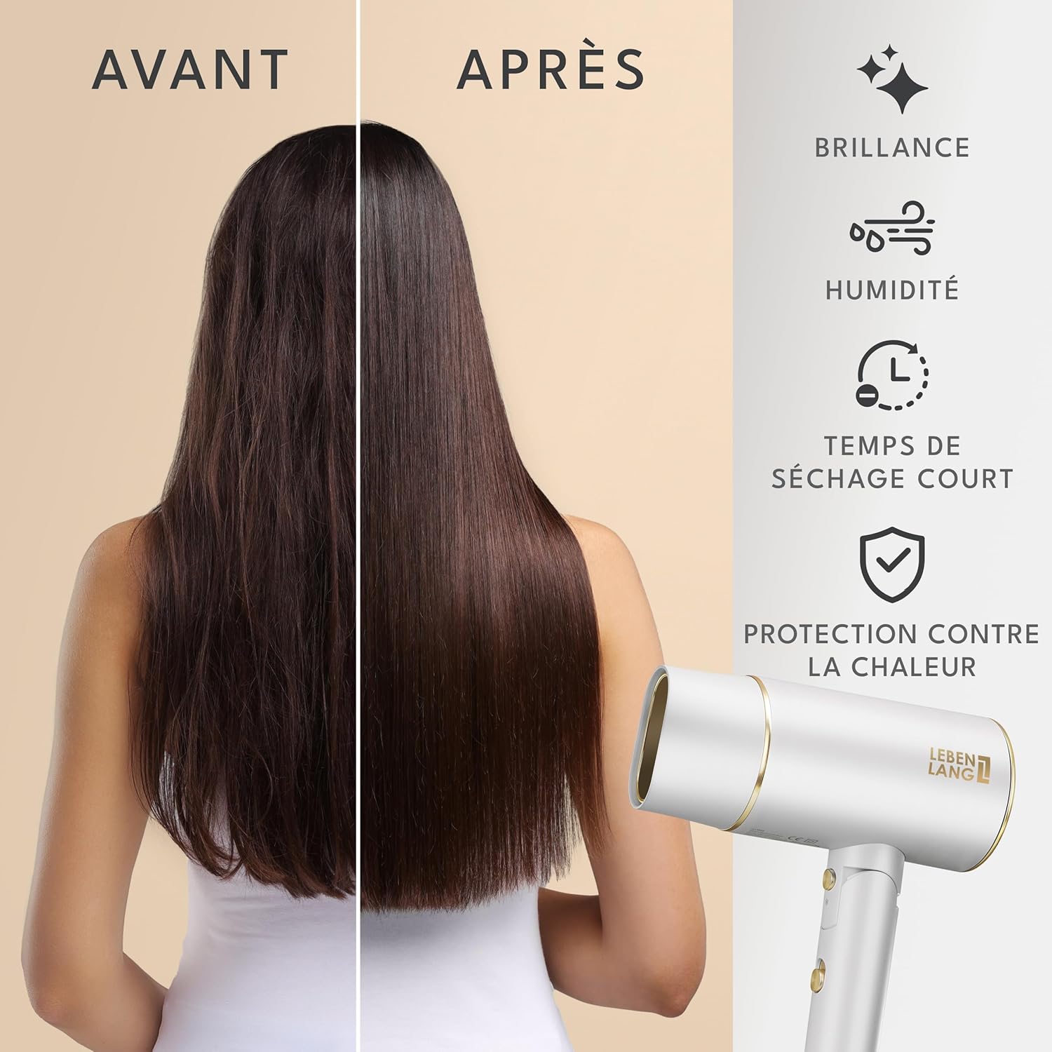 LEBENLANG - sèche-cheveux compact pliable 2100W, ionique, anti-fourches, air froid, blanche