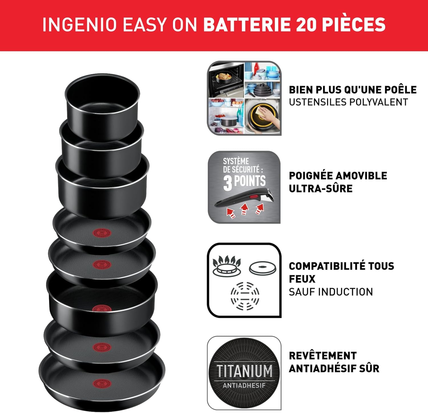 Tefal - Ingenio Easy On - batterie cuisine 20pcs, antiadhésif, lavable lave-vaisselle, non induction, L1599402