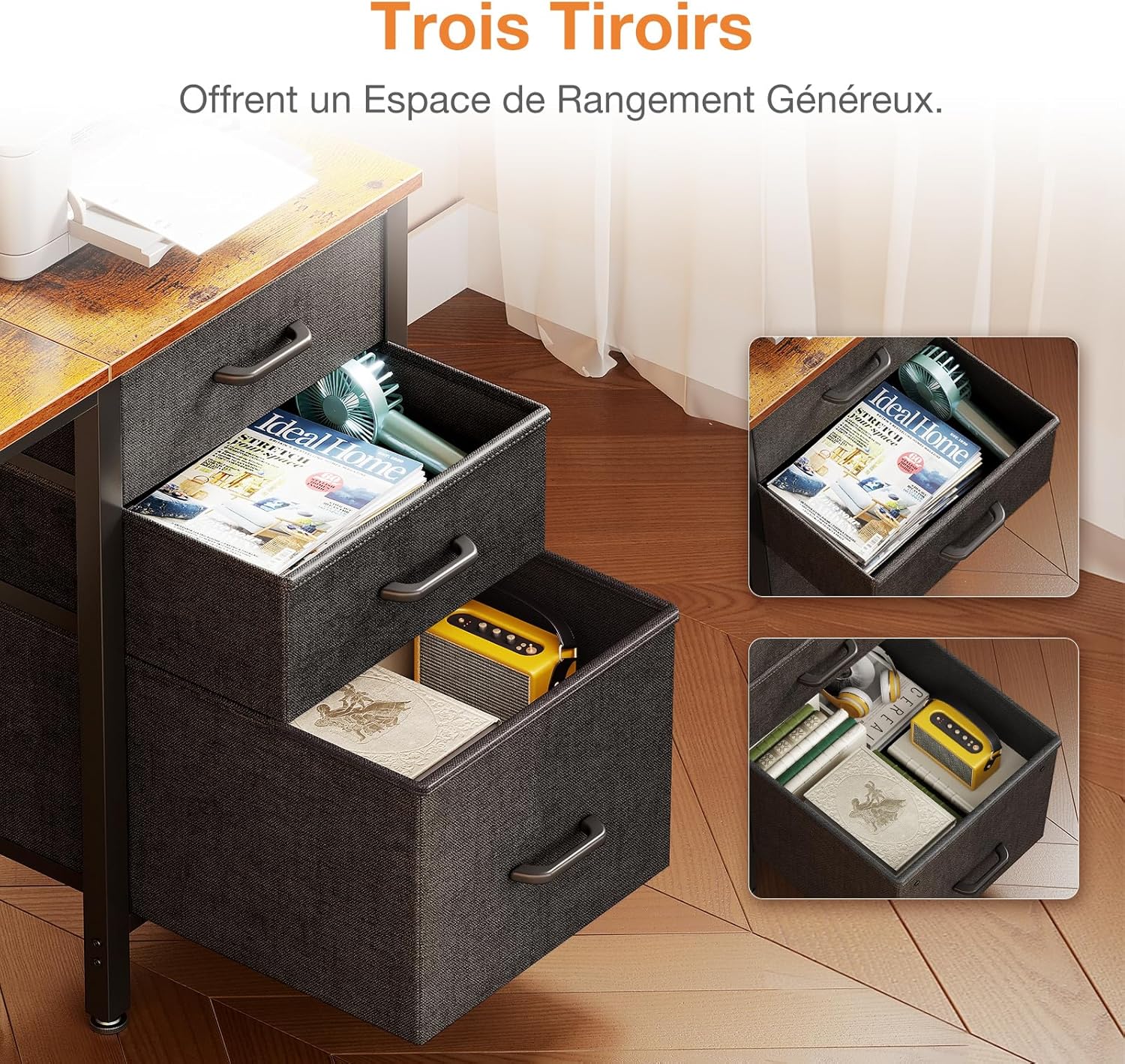 Coleshome - Bureau 3 tiroirs tissu - 120x48cm - réversible, porte-casque