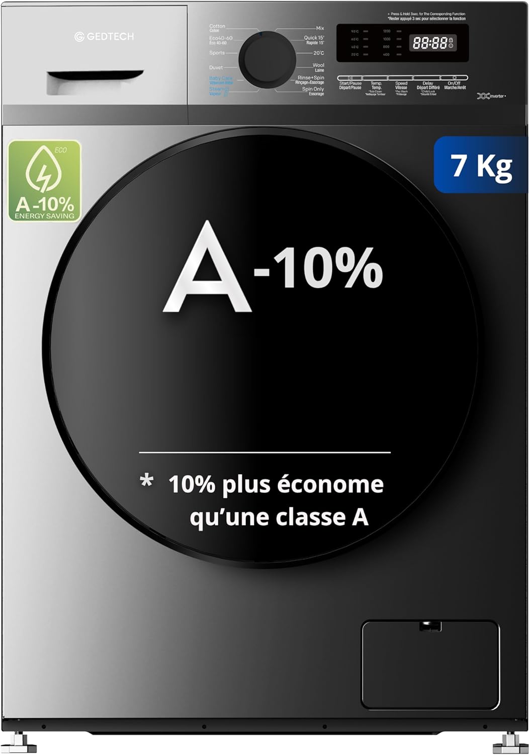 GEDTECH – lave-linge série GLL71200BL – 7 kg – 1200 tr/min – 16 programmes – faible consommation – GLL71200BL