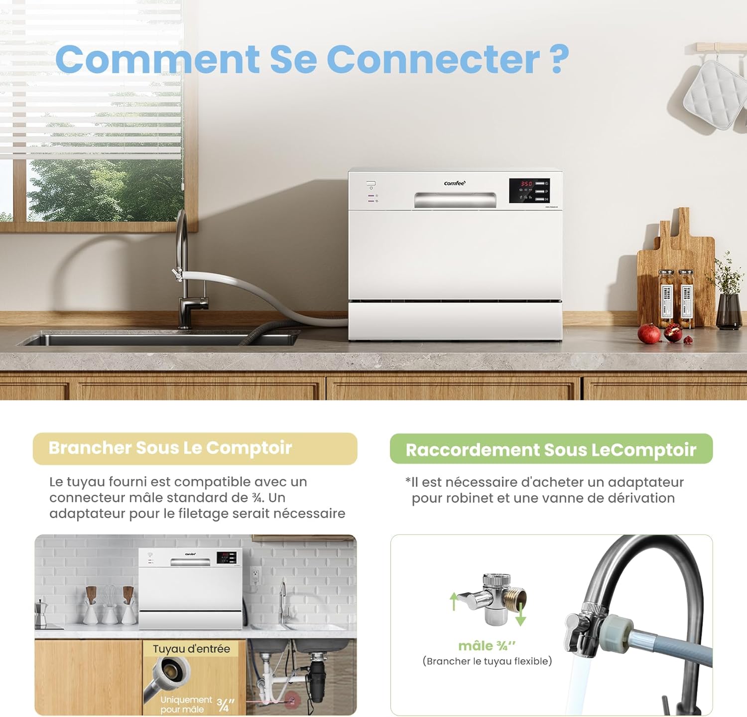 COMFEE' - lave-vaisselle compact, écran LED, 6,5L, 47 dB - TD602E-W