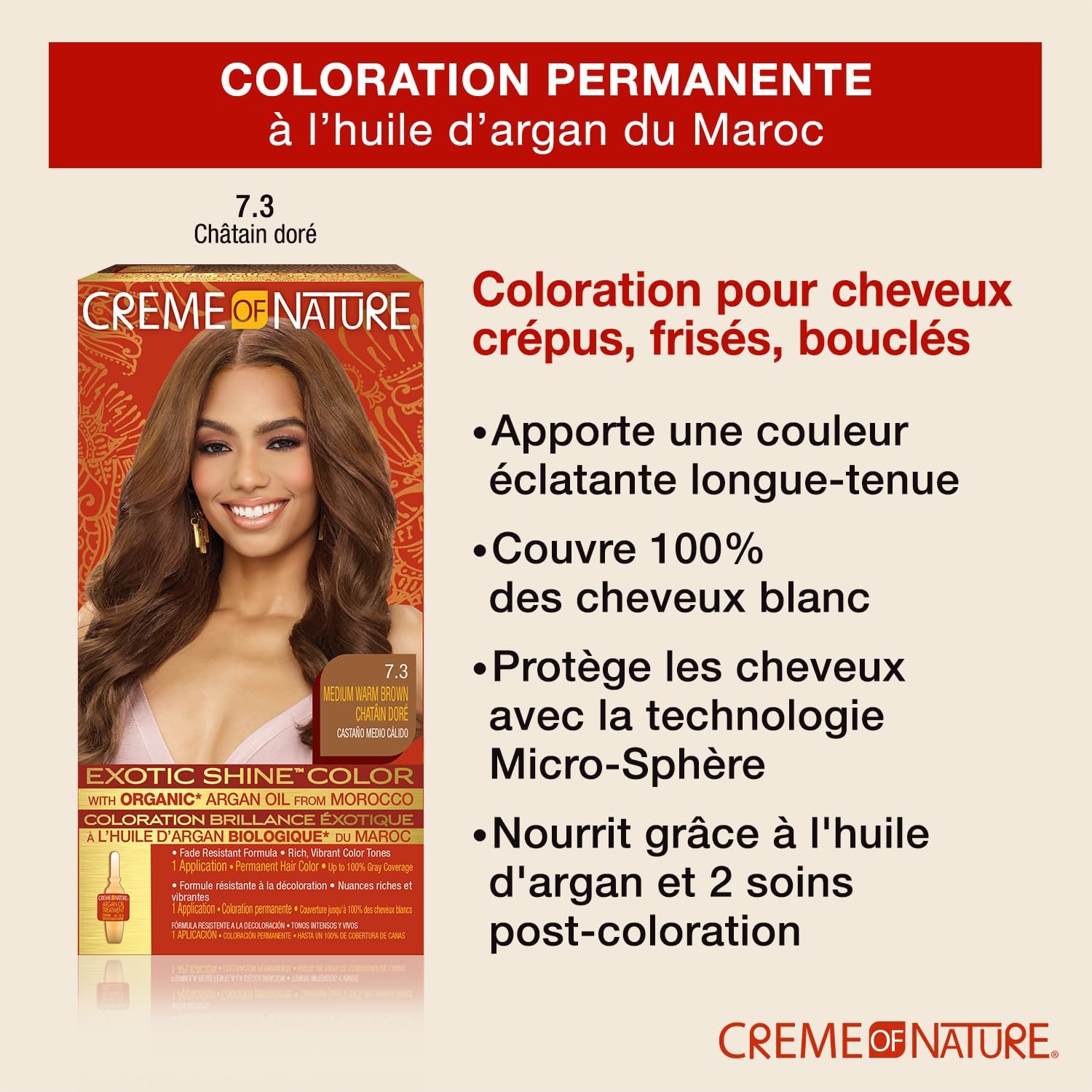 Creme of Nature - Argan Oil Coloration Permanente - couvre 100% cheveux blancs, cheveux bouclés à crépus, 7.3 Châtain do