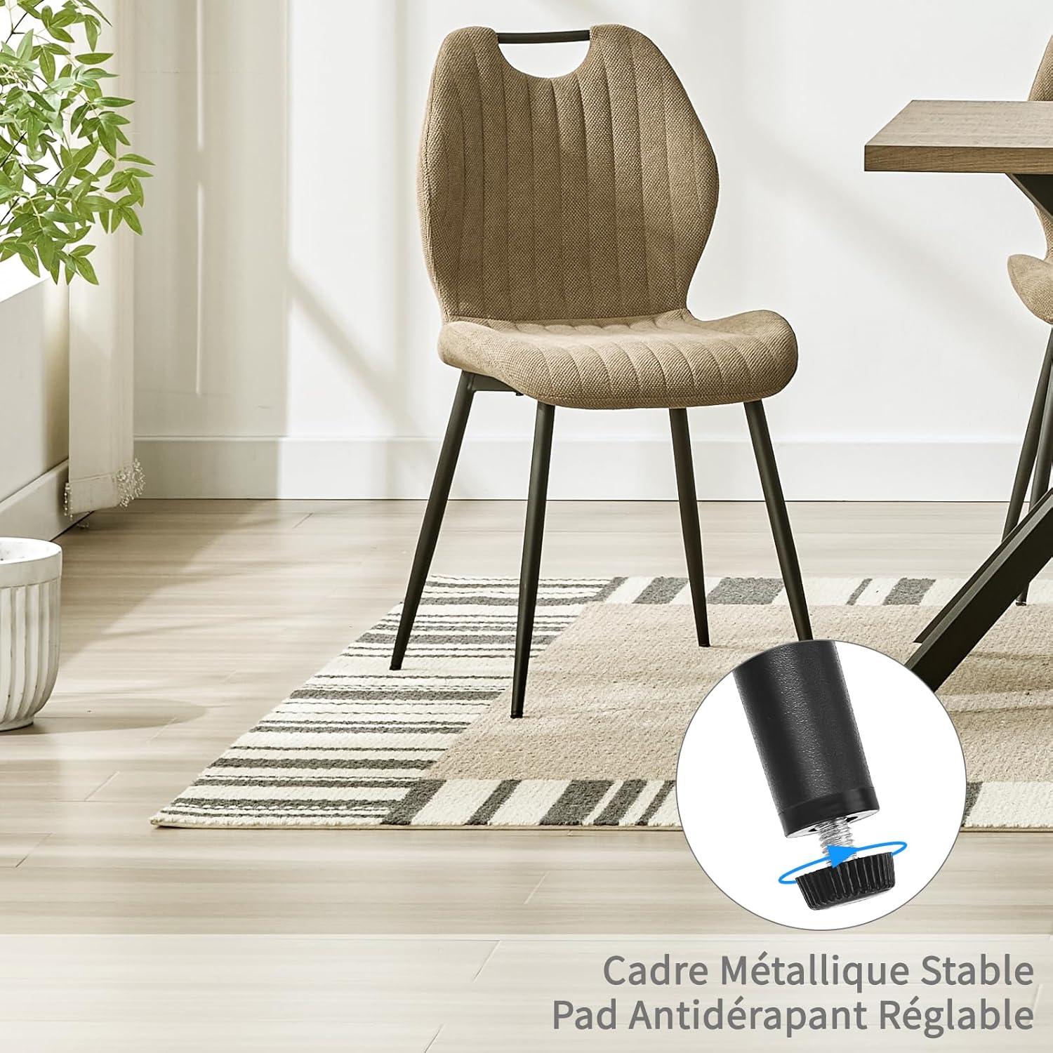 Chaises salle à manger - dossier tissu - pieds métal - lot de 4 - kaki