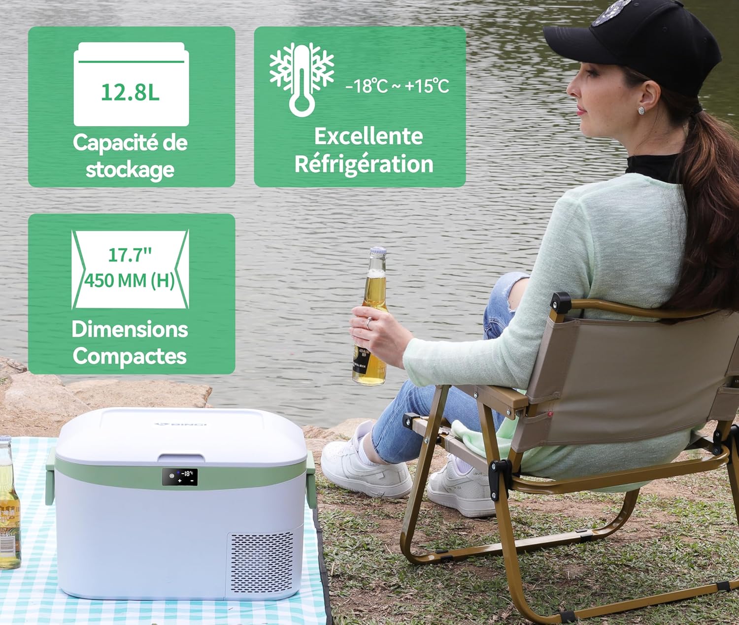BINGI - glacière à compression 12,8L, -18°C, 12V/24V/220V, portable