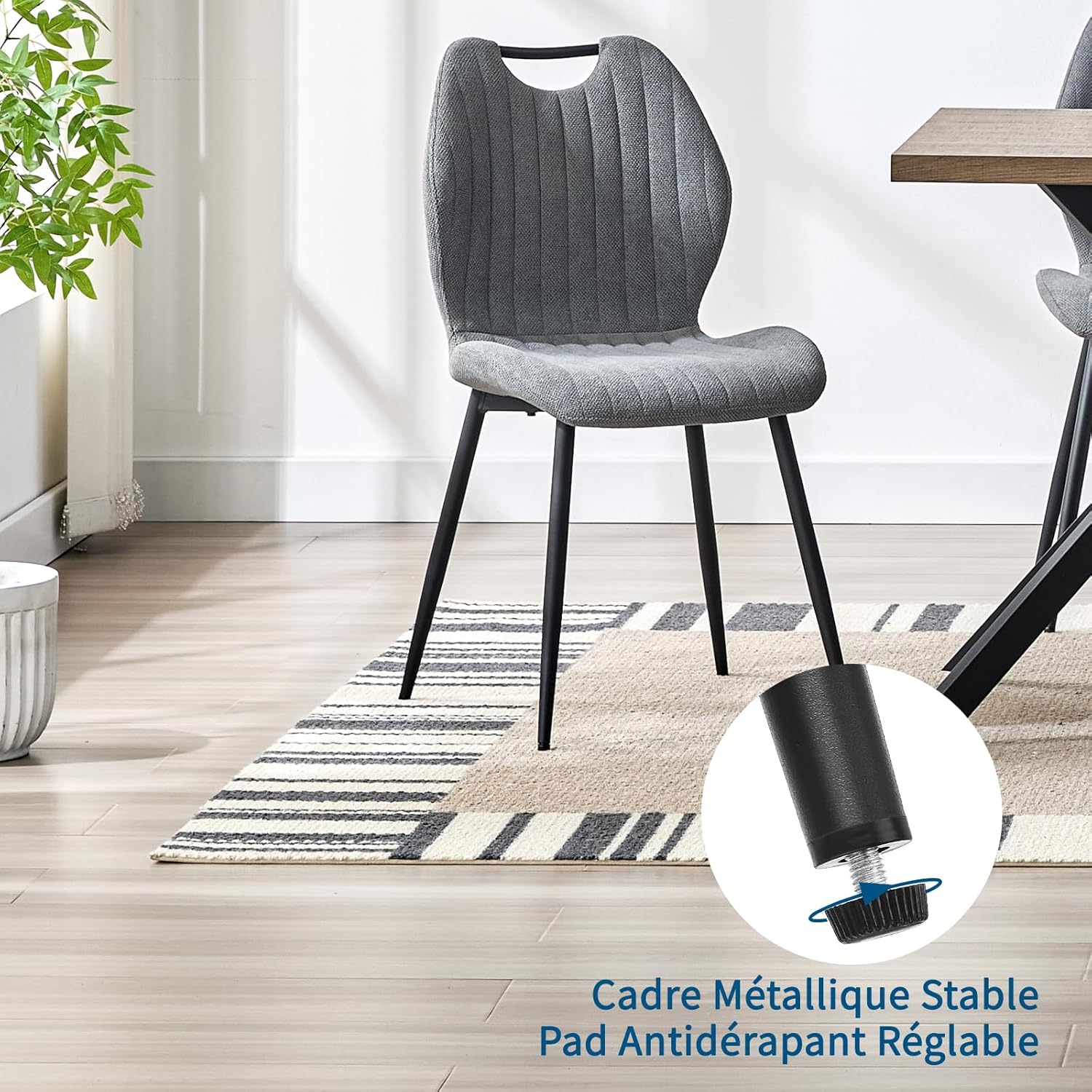 Chaises de salle à manger - lot de 4 - tissu gris, pieds métal, dossier confortable