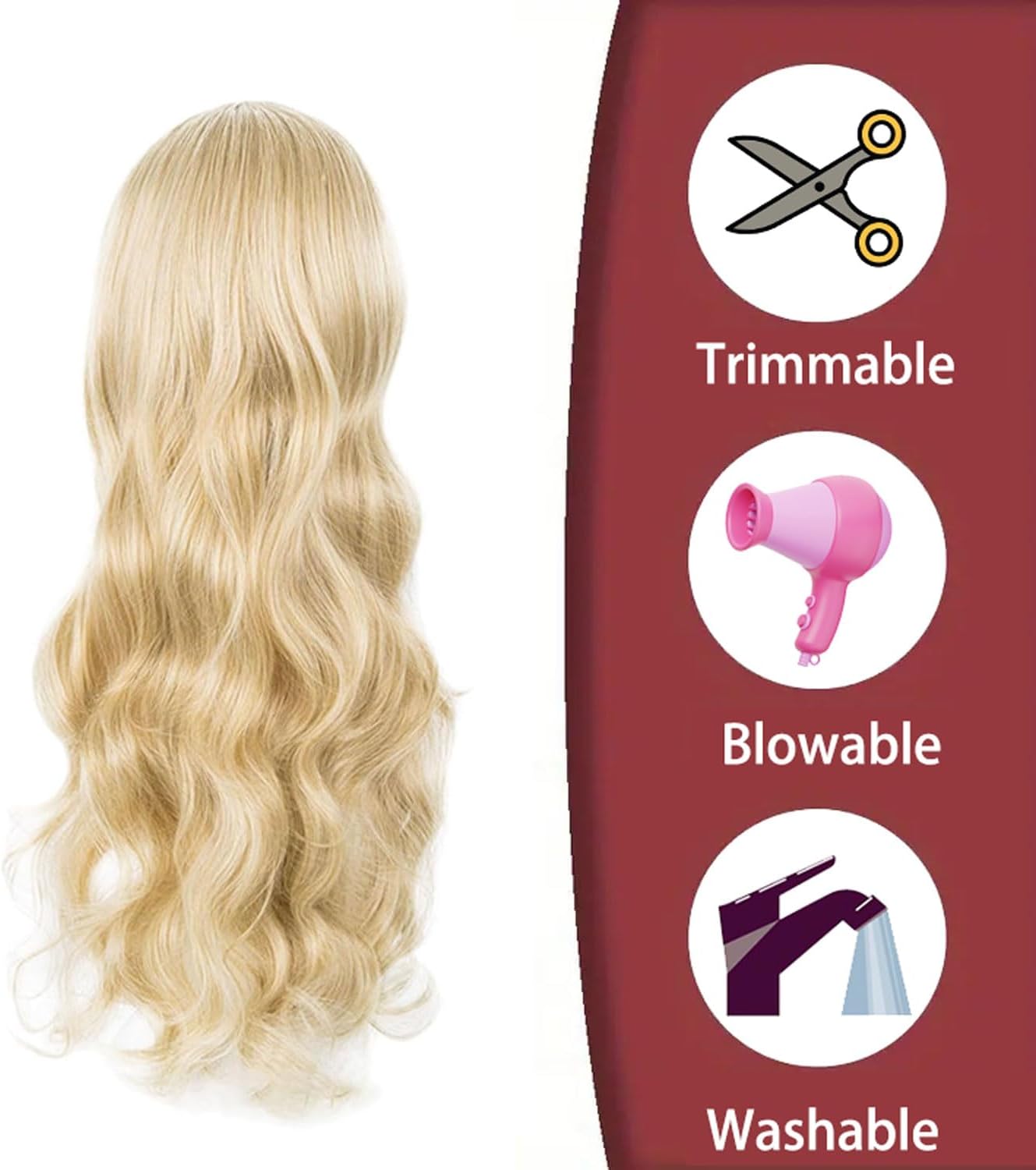 Perruque femme - bouclée blonde, 68 cm, ondulée, résistante à la chaleur