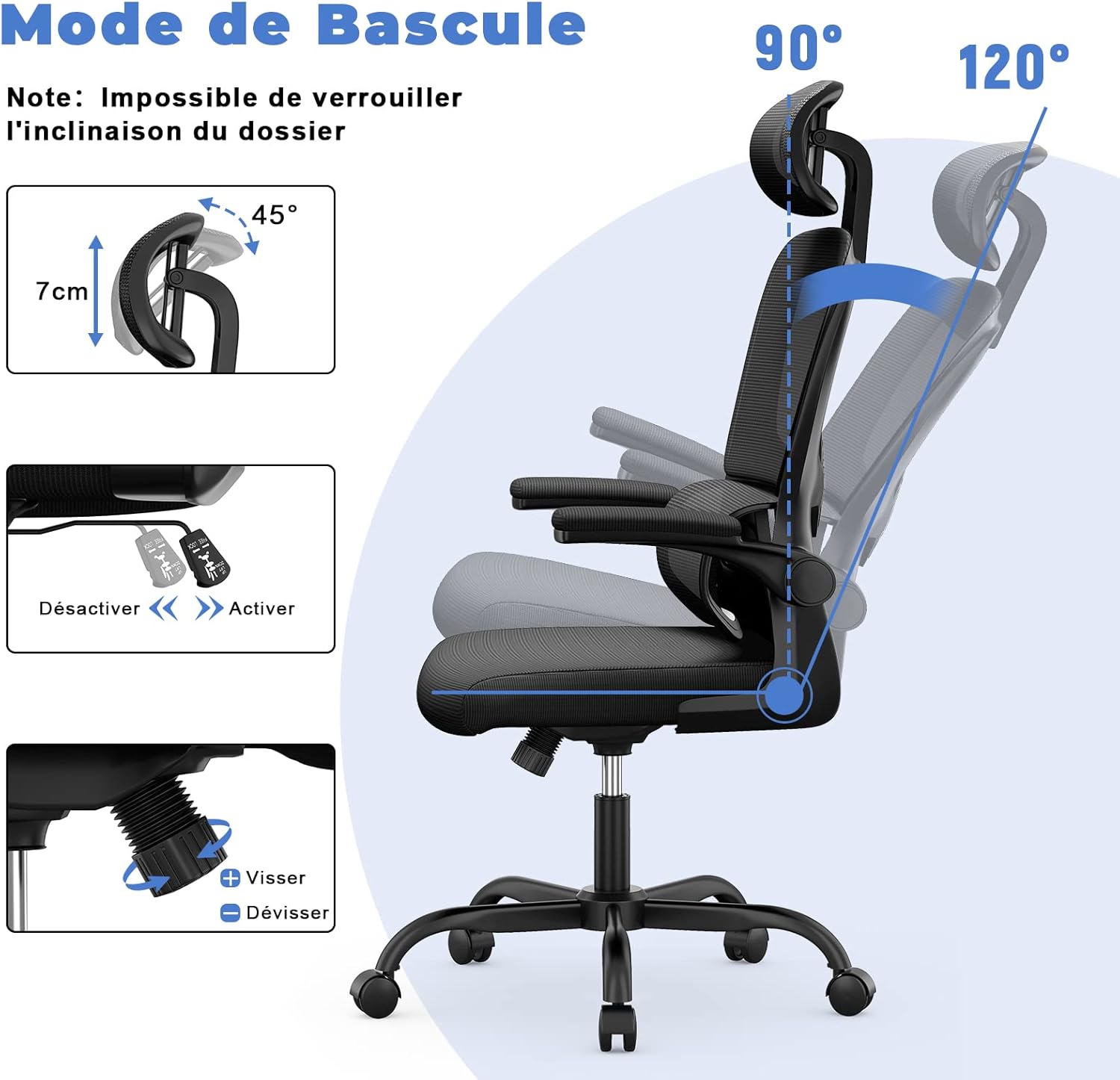 naspaluro - chaise de bureau ergonomique, appui-tête réglable, soutien lombaire ajustable, accoudoirs pliables, maille r