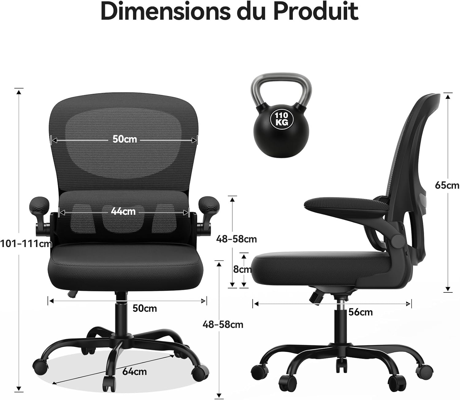 Naspaluro - chaise de bureau ergonomique - support lombaire C - accoudoirs réversibles, maille respirante, noir