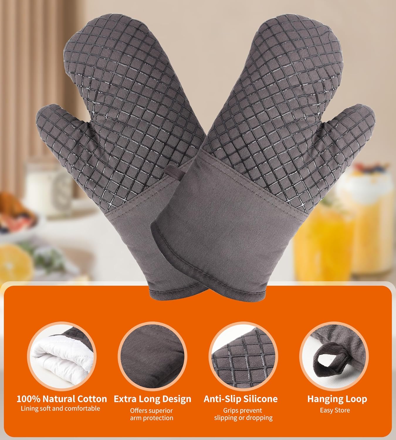 Maniques de Cuisine - lot de 4 - coton doux, silicone épais, antidérapant, résistantes à la chaleur, longues et flexible