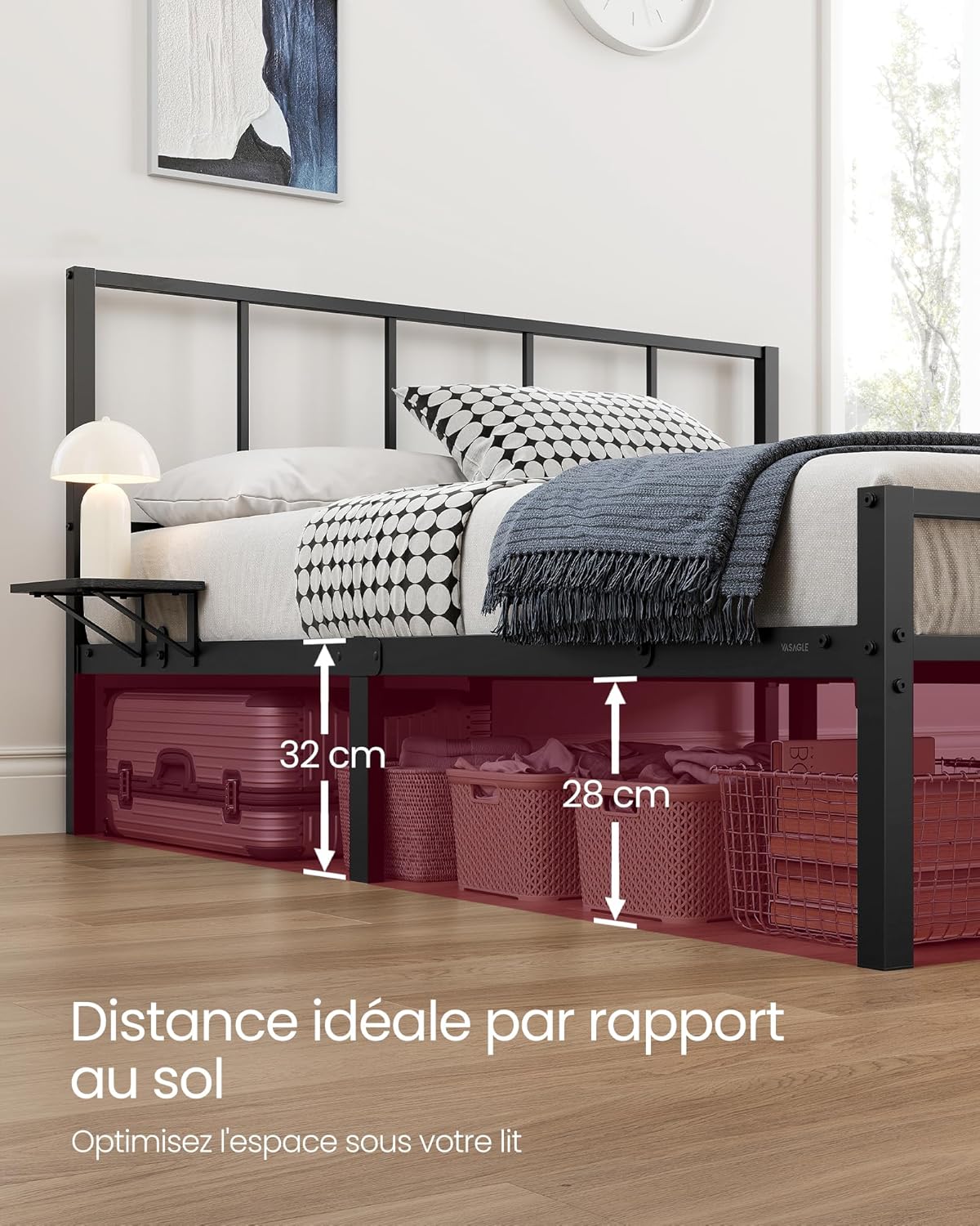 VASAGLE - RMB193BD01 - 140x190 cm - lit métal et étagères, tête de lit