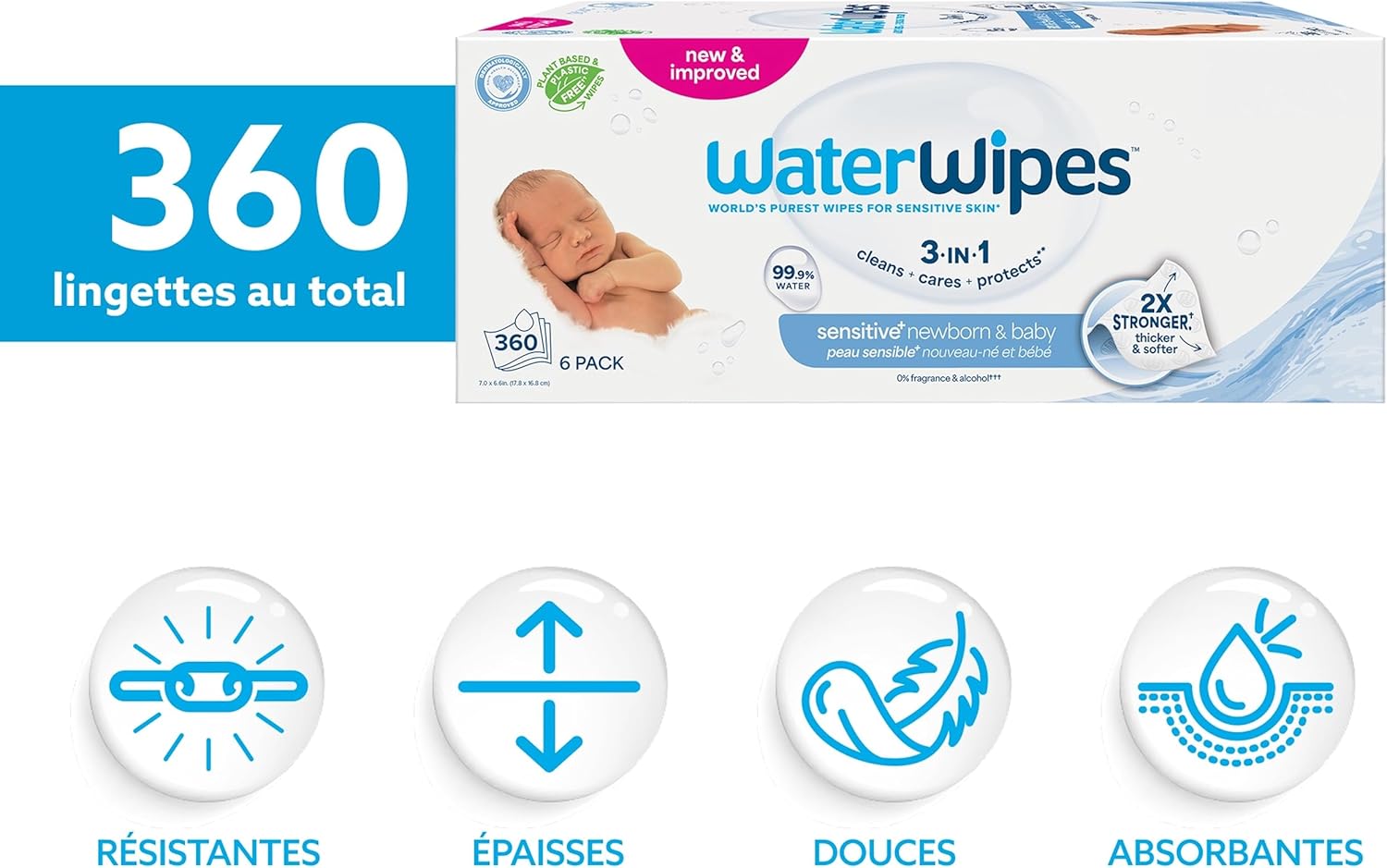 WaterWipes - Sensitive+ - 360 unités - 99,9% eau, non parfumé, 3-en-1