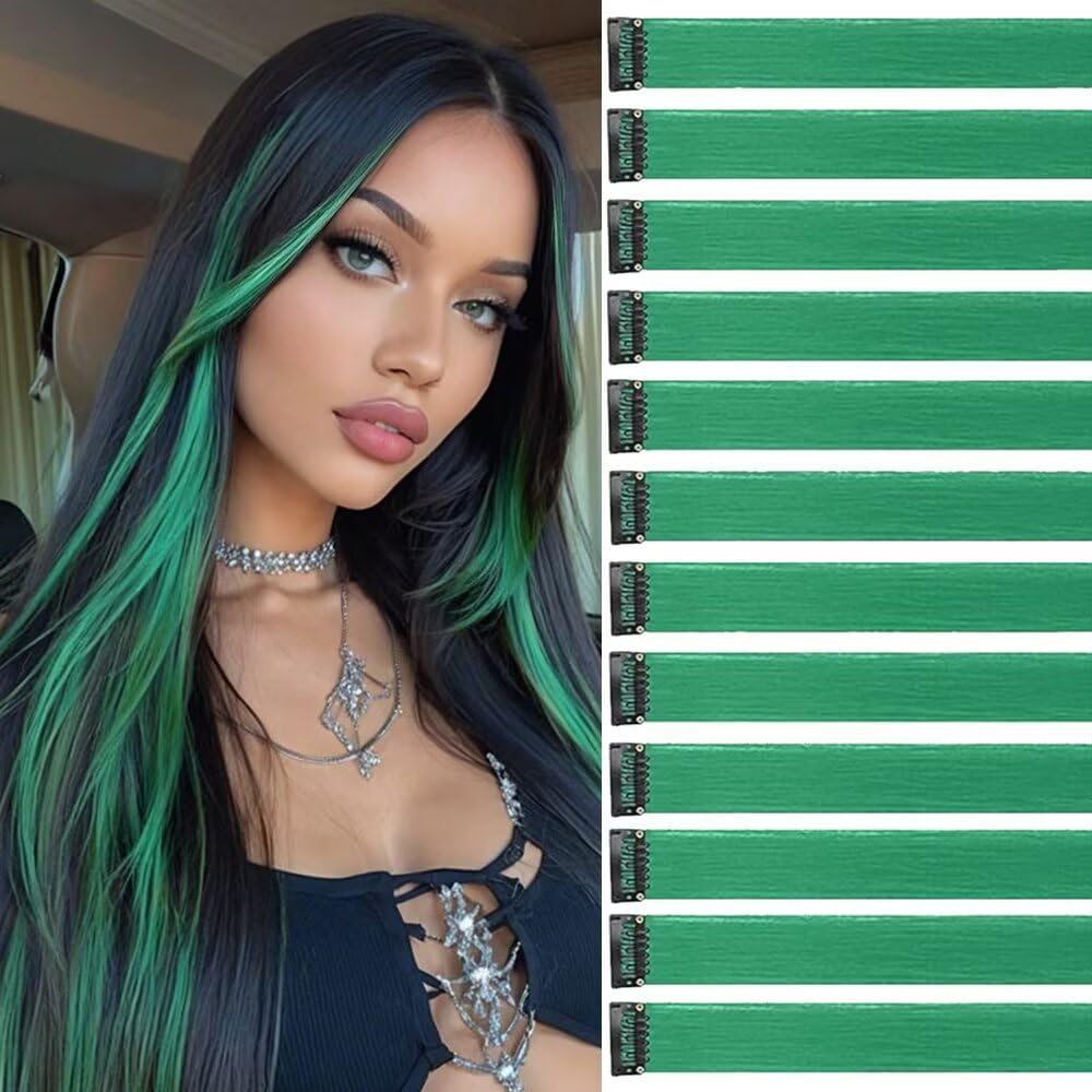 Extensions cheveux à clip - vert gazon - 55 cm - lot de 12 mèches colorées