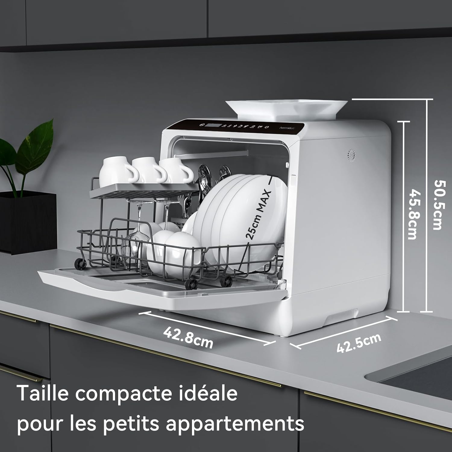 Hermitlux - Mini lave-vaisselle 4 couverts compact, 5 programmes, stérilisation 75°C, 5L/robinet
