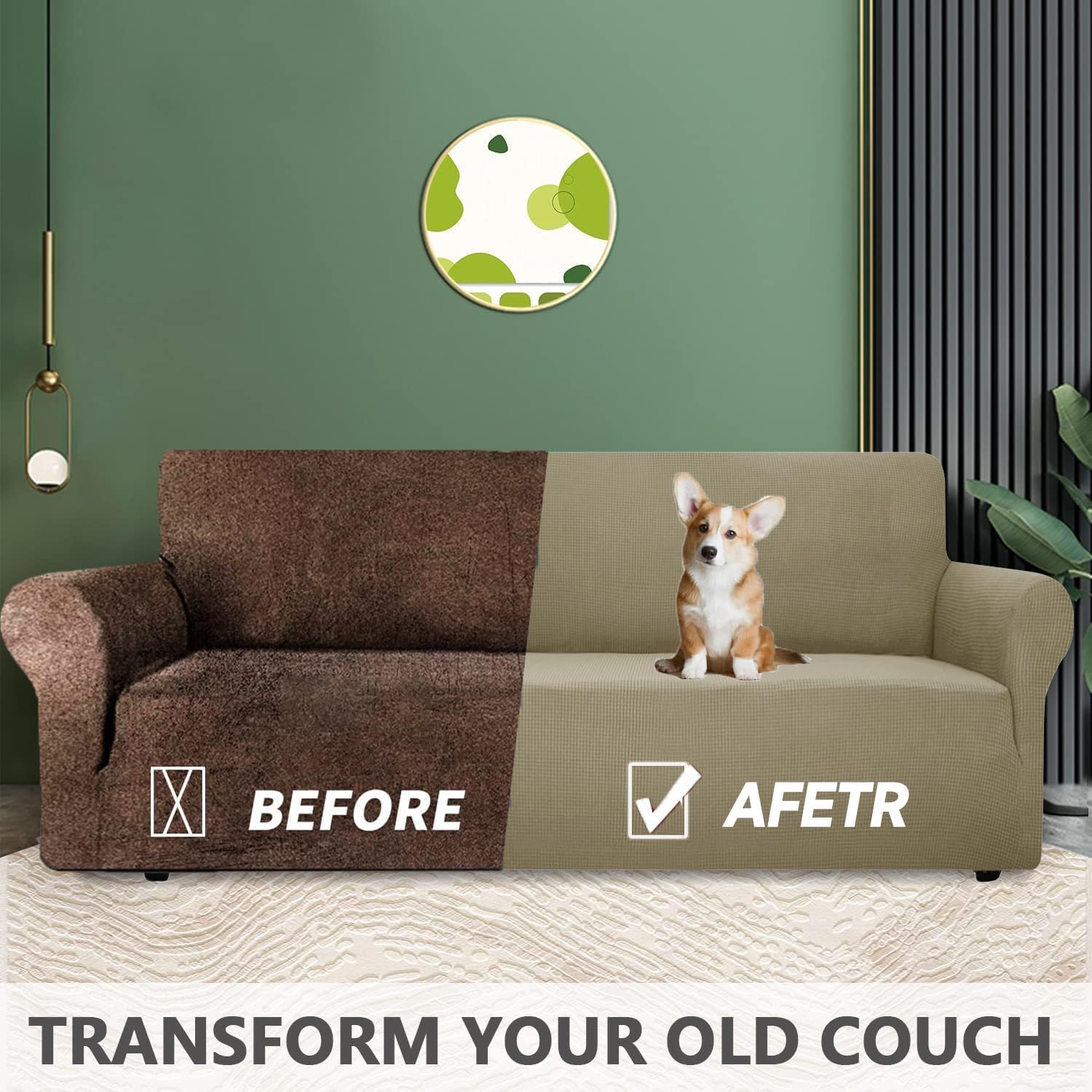 Housse canapé 3 places - extensible, lavable, antidérapante, khaki