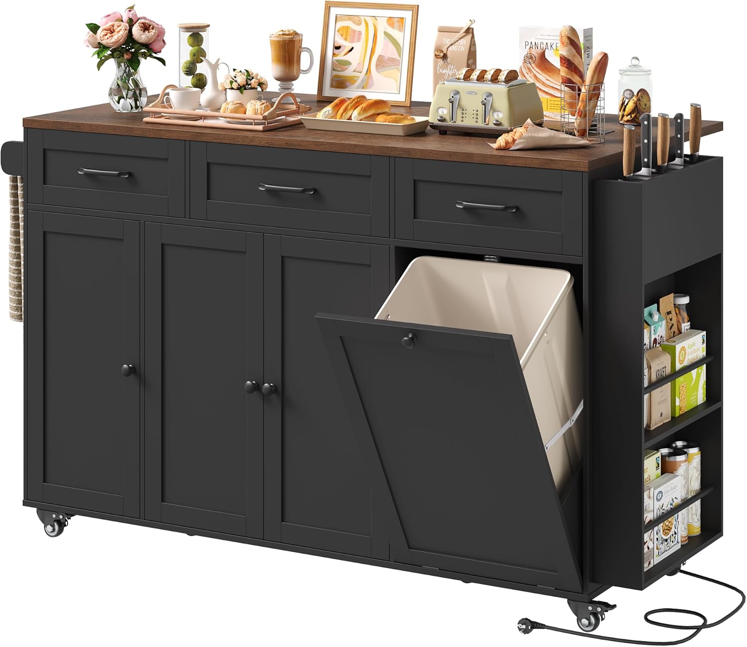 FirFurd - Ilot cuisine pliable sur roulettes, 135x60x88cm, USB et rangement