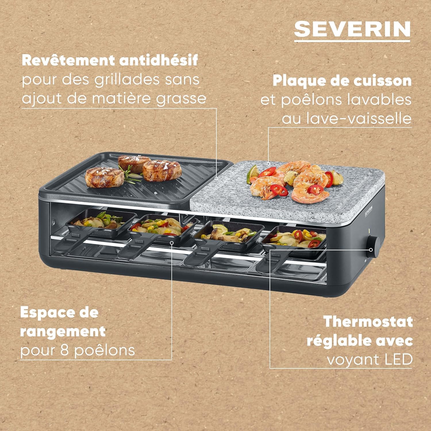 Severin - raclette 8 pers, pierre naturelle, céramique, thermostat - RG 2366