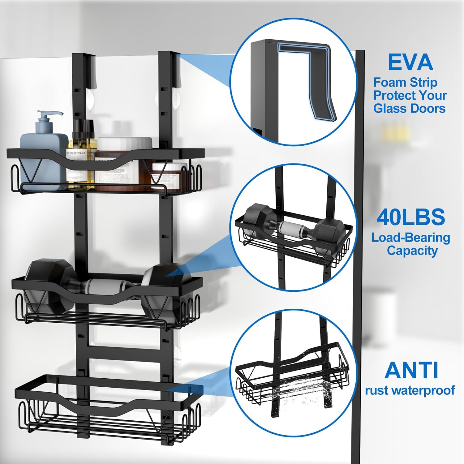Étagère de douche suspendue - 3 paniers réglables, sans perçage, noir, organiseur 3 couches