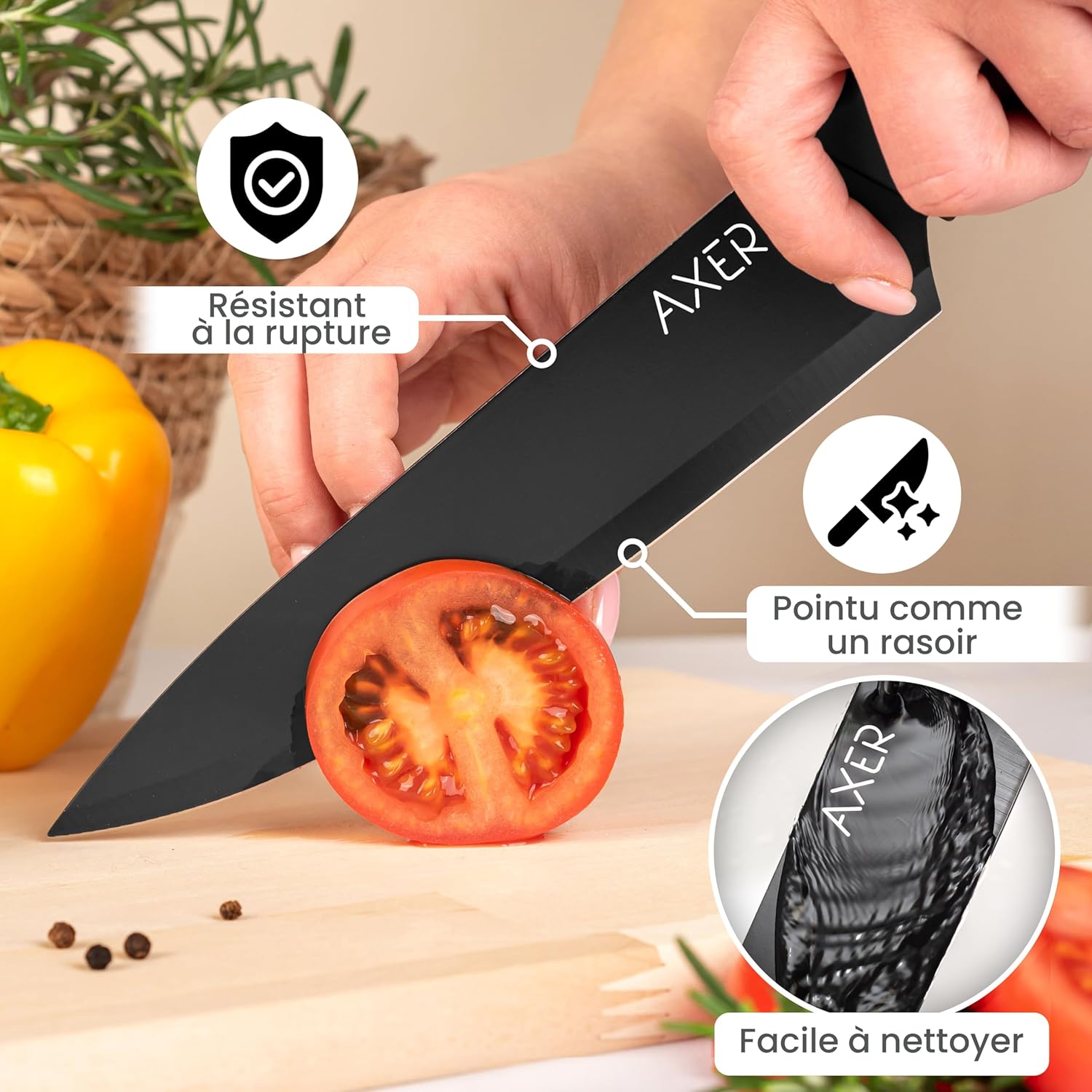 Axer - Chef Knife Série - 20 cm - Acier inox noir, étui inclus