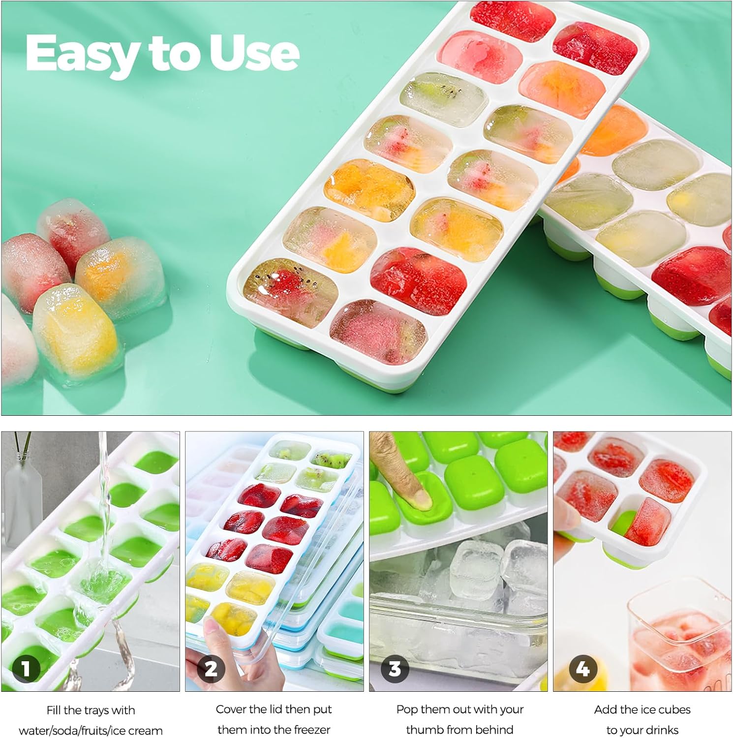 Bacs à glaçons silicone - 4 pièces - avec couvercle, LFGB sans BPA, facile à démouler, 2 verts + 2 bleus