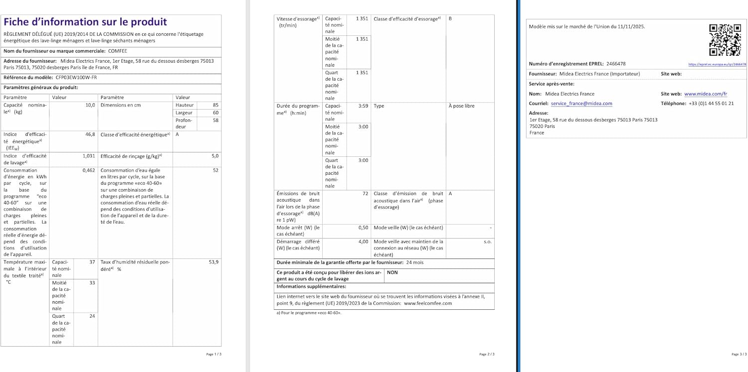 COMFEE' - lave-linge 10kg, classe A, vapeur, moteur BLDC, CFP03EW100W-FR
