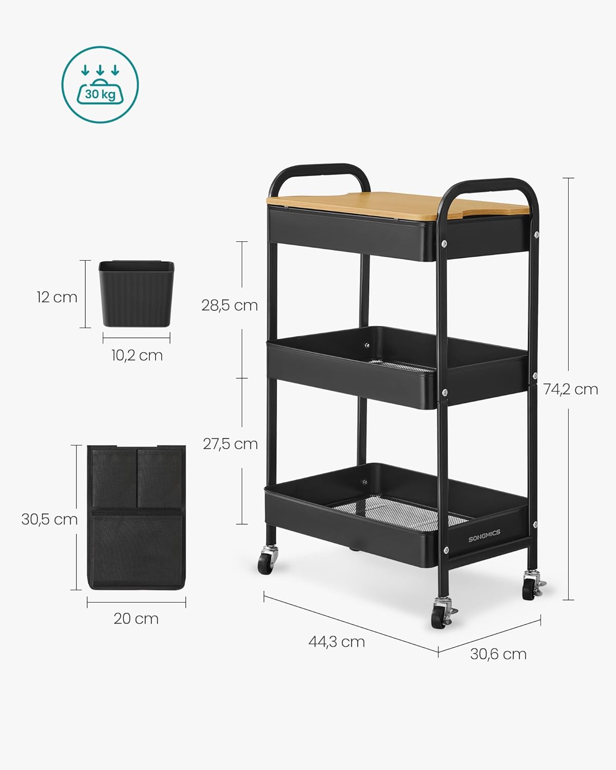 SONGMICS - chariot 3 niveaux avec table, pots et poches, noir - LRC036B01