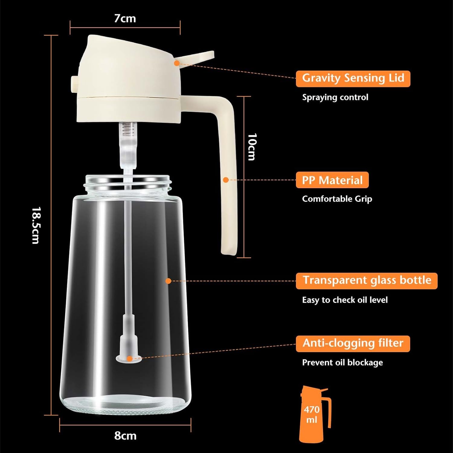 Pulvérisateur huile cuisine 470ml, 2 en 1, blanc, multifonction