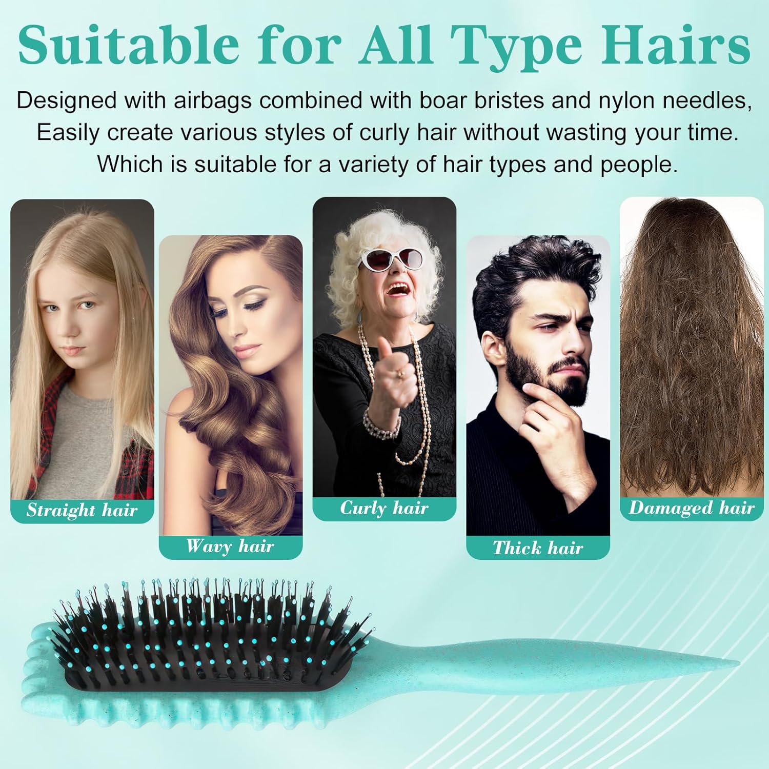 Brosse à friser - antistatique, aérée, cheveux secs/humides, boucles définies, vert