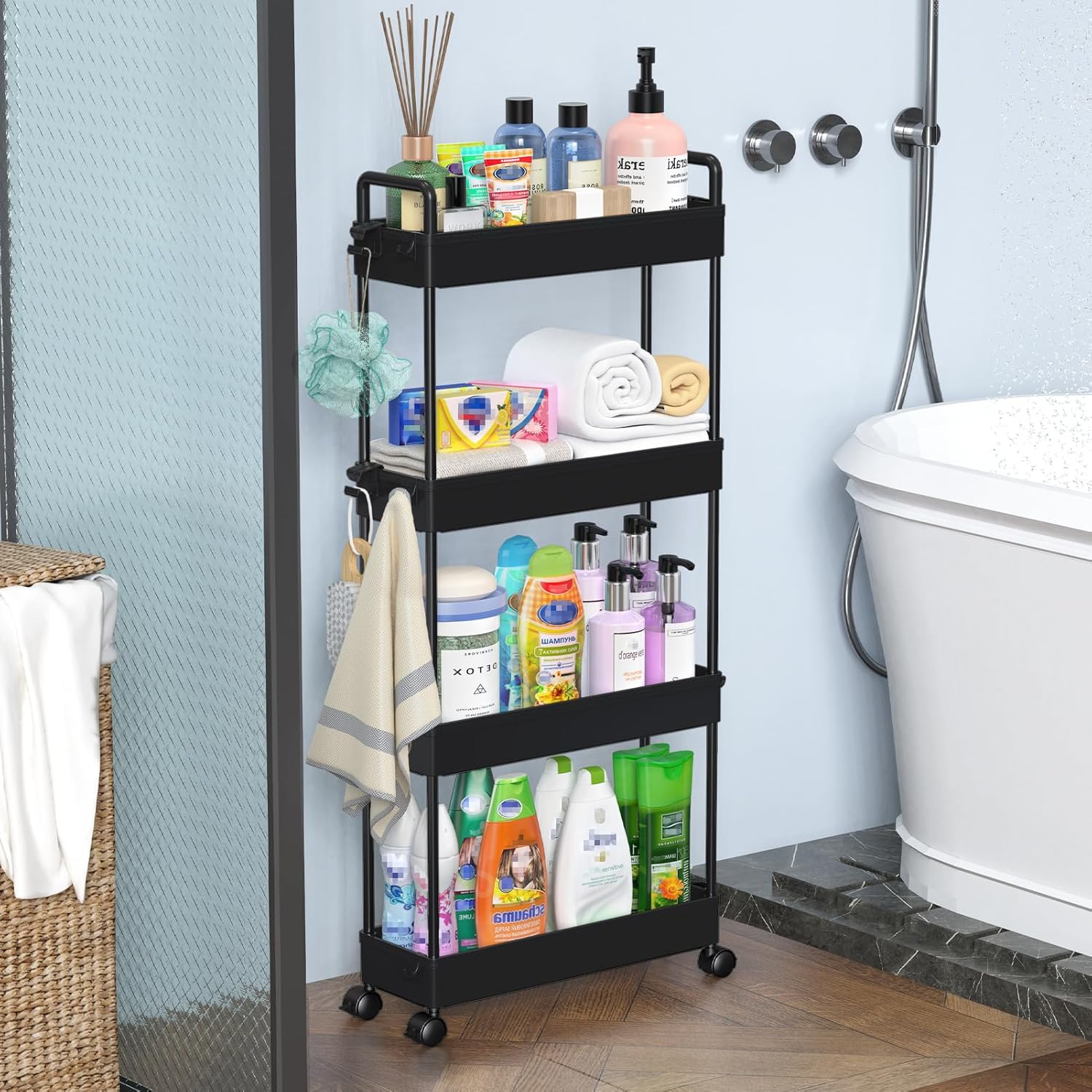 SOLEJAZZ - chariot 4 étagères - rangement mobile étroit, plastique, noir