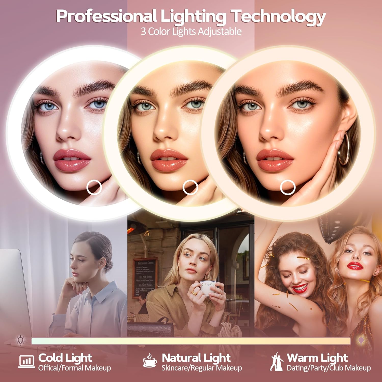 Miroir grossissant - 30x, éclairage à intensité variable, ventouse, couleurs multiples, format table ou mural