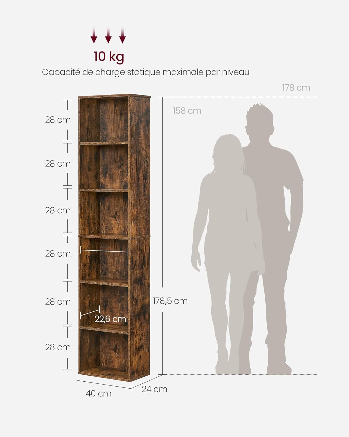 VASAGLE - Bibliothèque 6 niveaux 24x40x178,5 cm, rangement ouvert, marron rustique LBC167K01