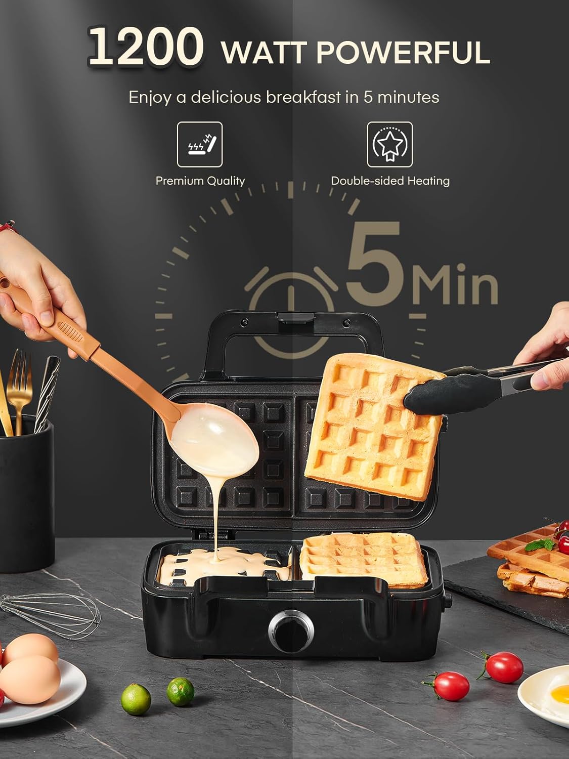 FOHERE - Gaufrier 3 en 1 - 1200W - 5 vitesses, plaques amovibles, surface antiadhésive