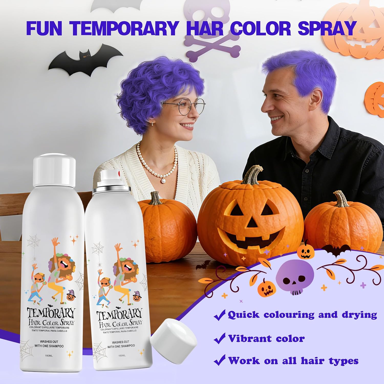 Spray coloration capillaire temporaire - violet - usage unique - lavable