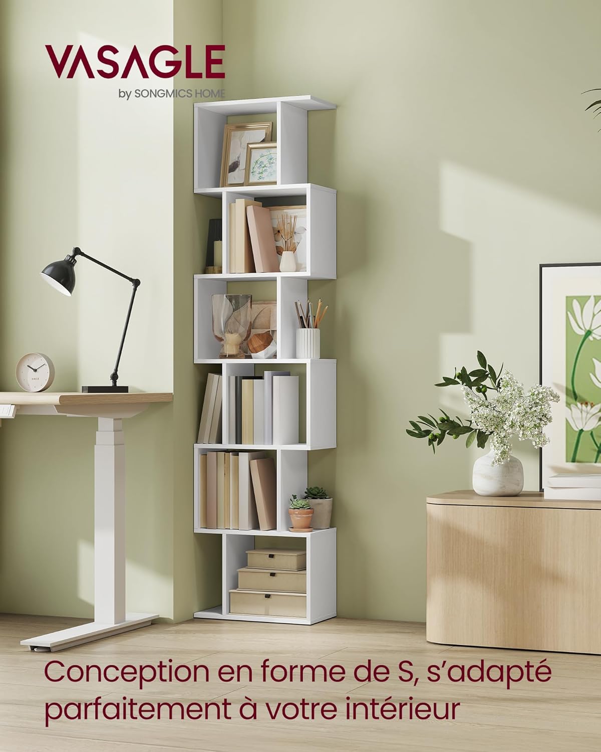 VASAGLE - bibliothèque 6 niveaux - 24x40x191 cm - rangement, blanc, LBC461W01