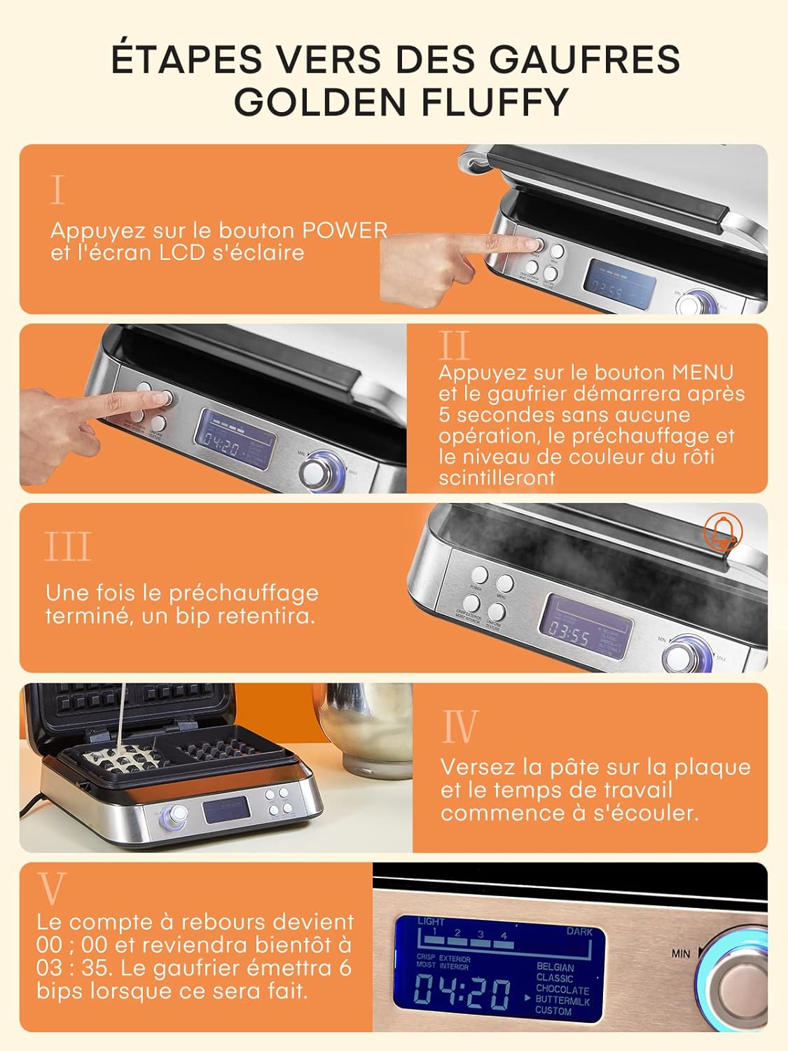 Gaufrier belge - double, inox, 2 tranches, LED, 5 programmes, 7 niveaux