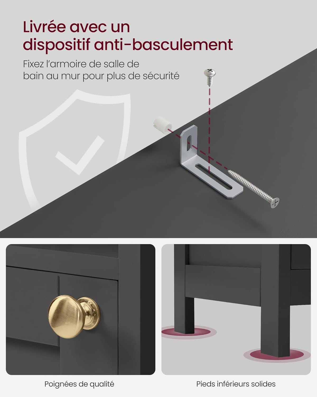 VASAGLE - armoire salle de bain haute, 30 cm, étagères réglables, éclairage, noire, BBK566BC01