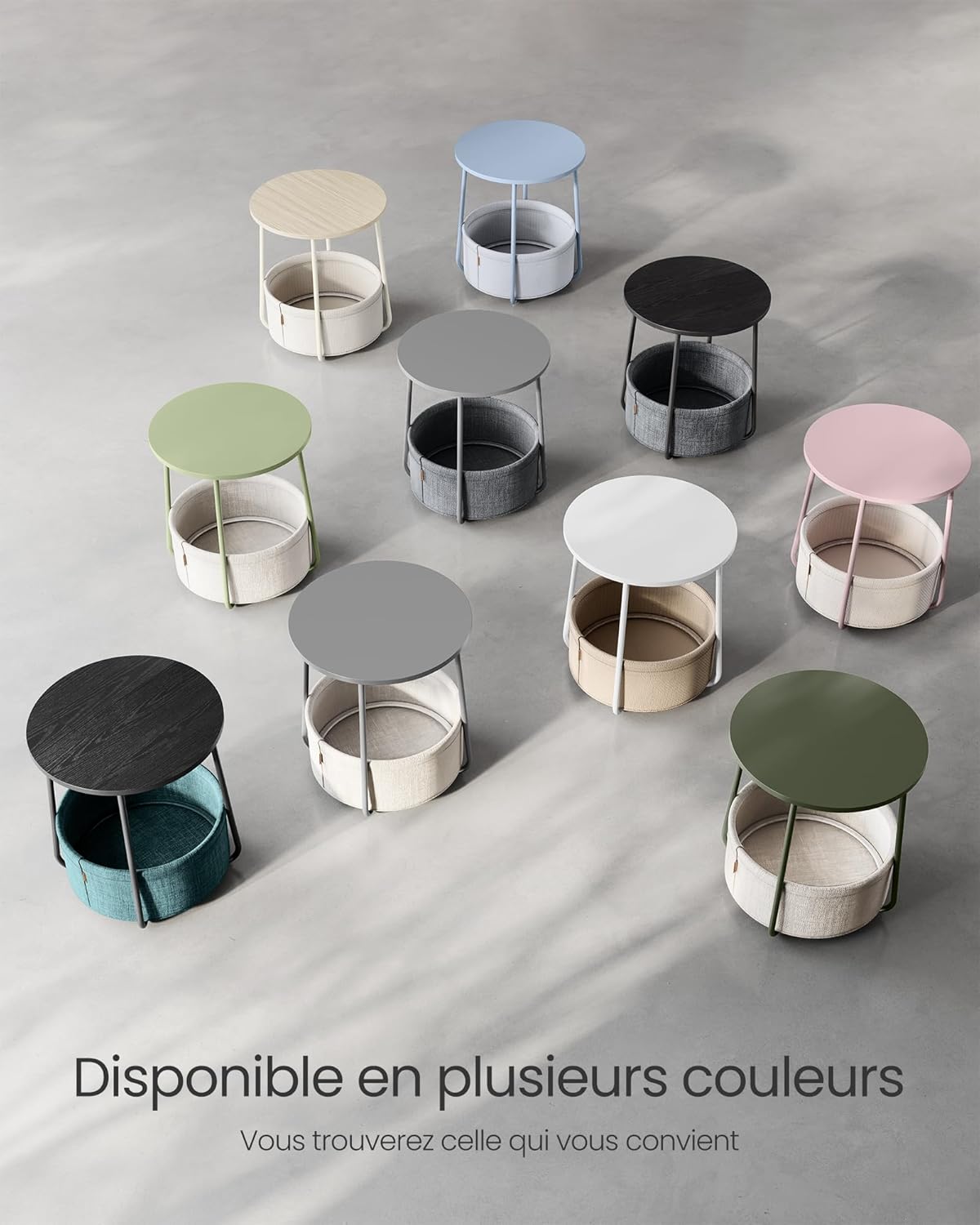 VASAGLE - table basse ronde compacte - rangement tissu intégré - LET223B01