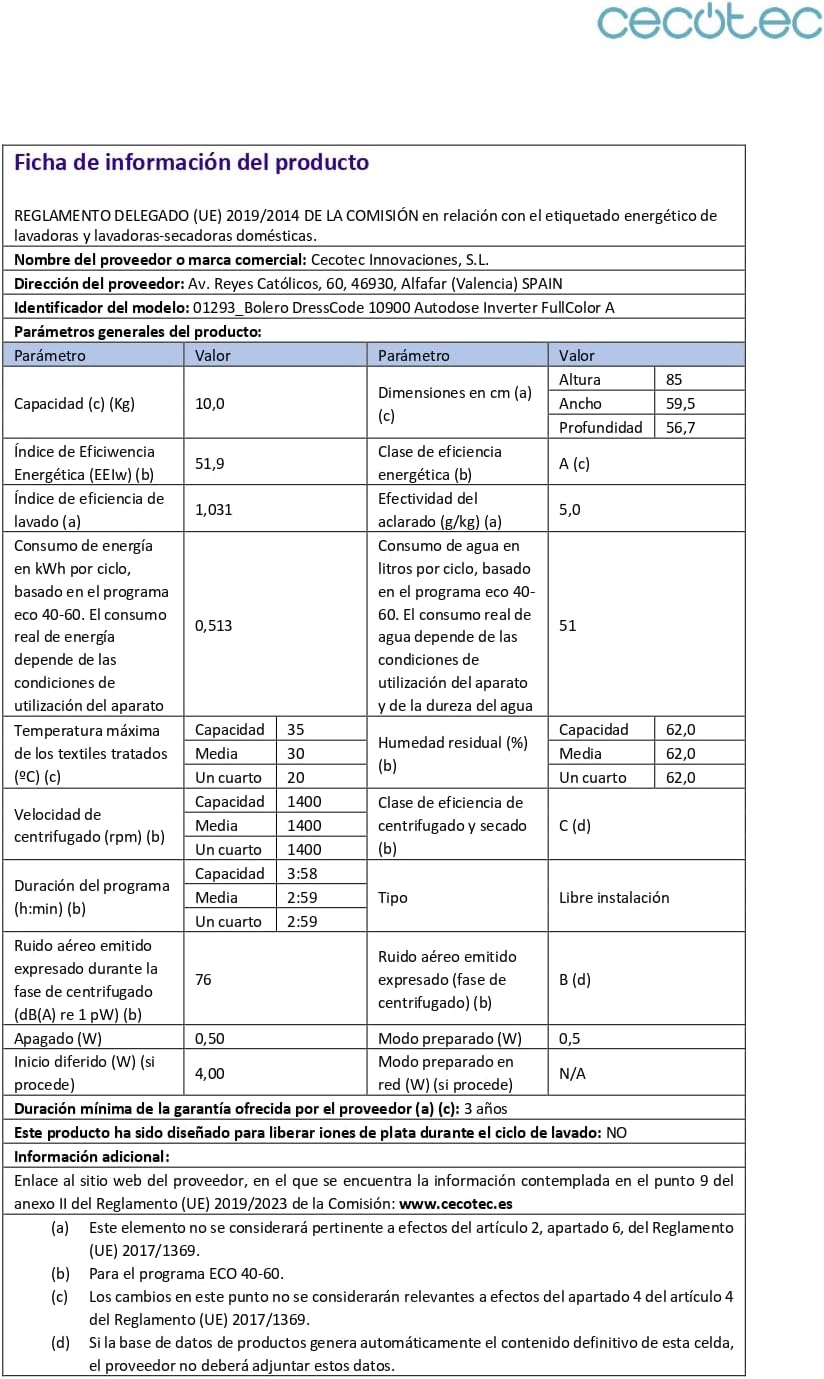 Cecotec - Bolero DressCode série - 10kg, 1400tr/min, écran 10,3